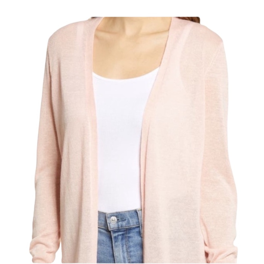 Halogen Long Open Front Cardigan Linen Pink Small